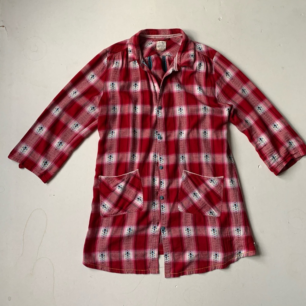 LUCKY BRAND Red Aztec Longline Flannel Kimono